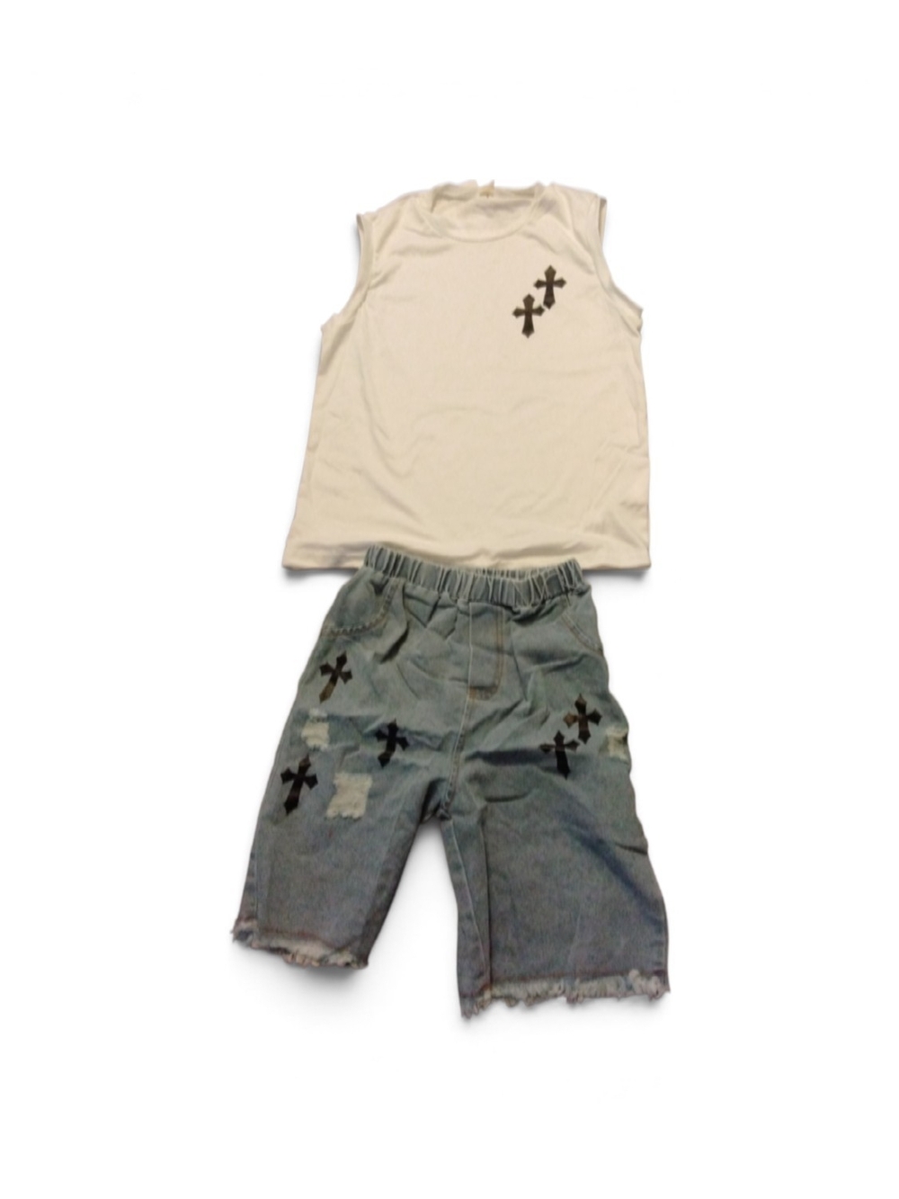 PatPat Light Blue Distressed Denim Shorts with Black Cross Patches